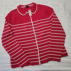 Talbots Pink Striped Button Up Cotton Blend Sweater Cardigan Size Large Nautical